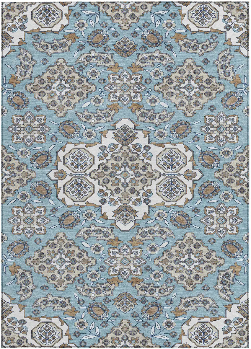 Sky Blue Taupe And Ivory Medallion Washable Indoor Outdoor Area Rug Photo 4
