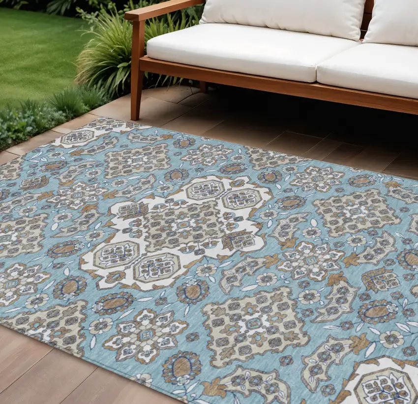 Sky Blue Taupe And Ivory Medallion Washable Indoor Outdoor Area Rug Photo 2