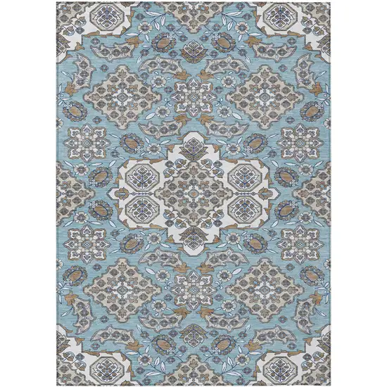 Sky Blue Taupe And Ivory Medallion Washable Indoor Outdoor Area Rug Photo 1