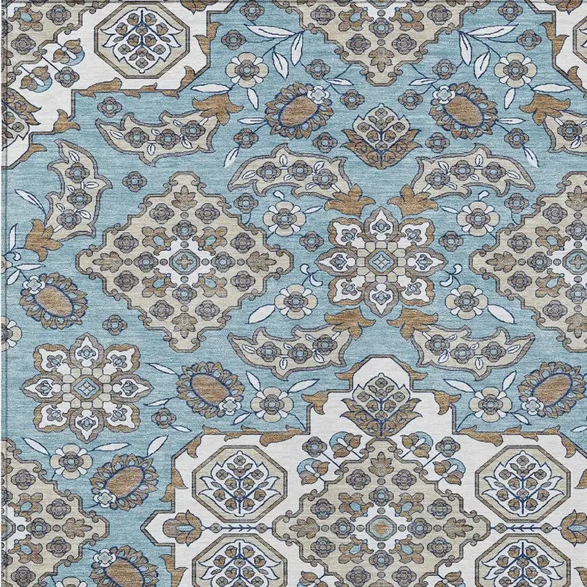 Sky Blue Taupe And Ivory Medallion Washable Indoor Outdoor Area Rug Photo 4