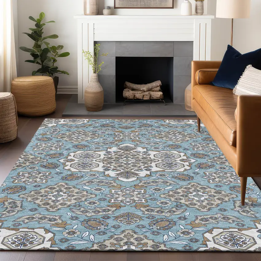 Sky Blue Taupe And Ivory Medallion Washable Indoor Outdoor Area Rug Photo 6