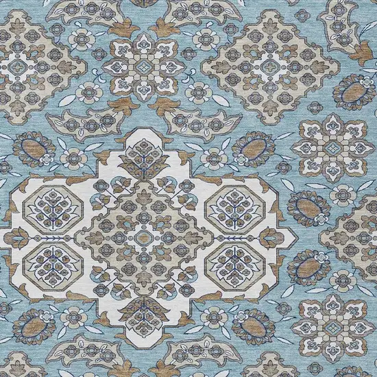 Sky Blue Taupe And Ivory Medallion Washable Indoor Outdoor Area Rug Photo 4