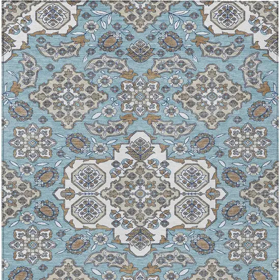 Sky Blue Taupe And Ivory Medallion Washable Indoor Outdoor Area Rug Photo 6