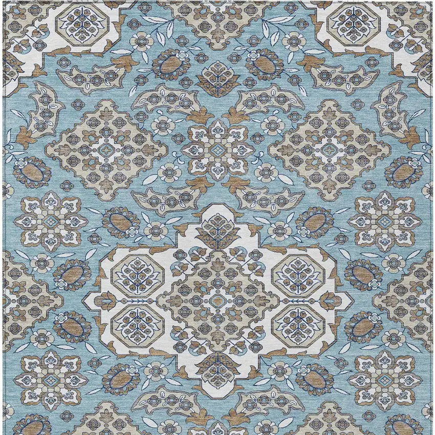 Sky Blue Taupe And Ivory Medallion Washable Indoor Outdoor Area Rug Photo 6