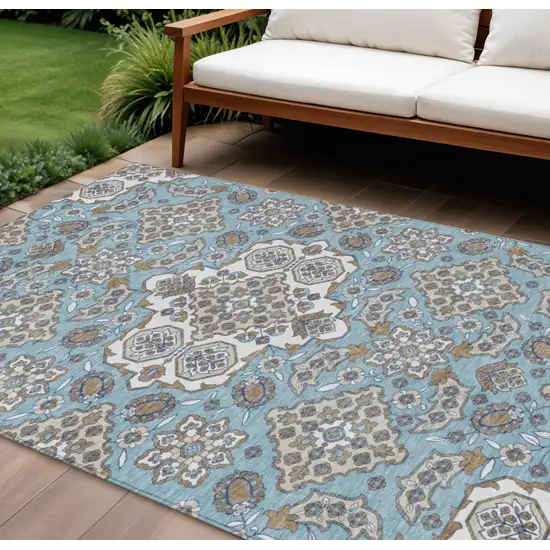 Sky Blue Taupe And Ivory Medallion Washable Indoor Outdoor Area Rug Photo 2