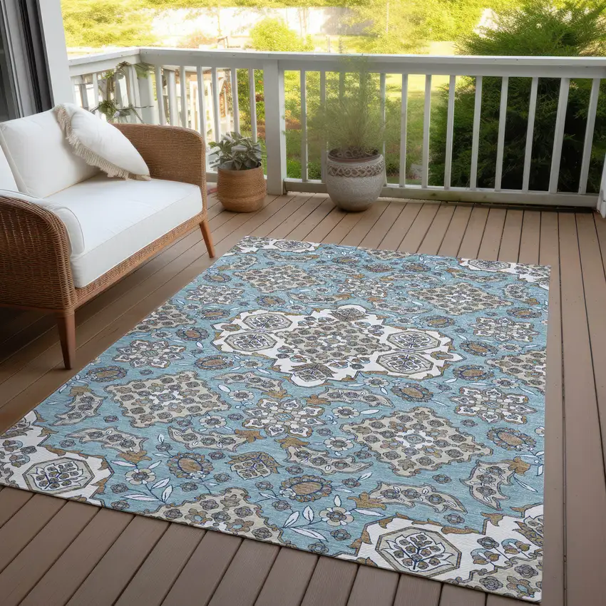 Sky Blue Taupe And Ivory Medallion Washable Indoor Outdoor Area Rug Photo 5