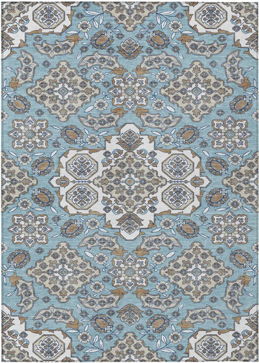 Sky Blue Taupe And Ivory Medallion Washable Indoor Outdoor Area Rug Photo 1