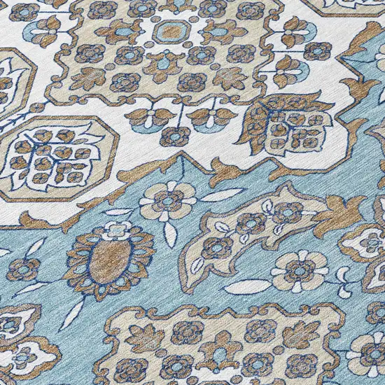 Sky Blue Taupe And Ivory Medallion Washable Indoor Outdoor Area Rug Photo 7