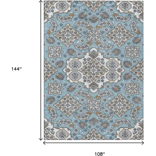 Sky Blue Taupe And Ivory Medallion Washable Indoor Outdoor Area Rug Photo 9