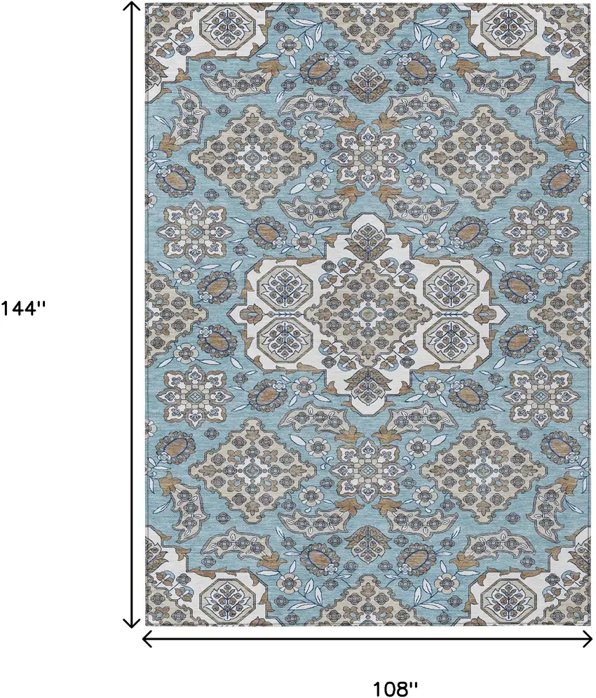 Sky Blue Taupe And Ivory Medallion Washable Indoor Outdoor Area Rug Photo 9