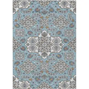 Photo of Sky Blue Taupe And Ivory Medallion Washable Indoor Outdoor Area Rug