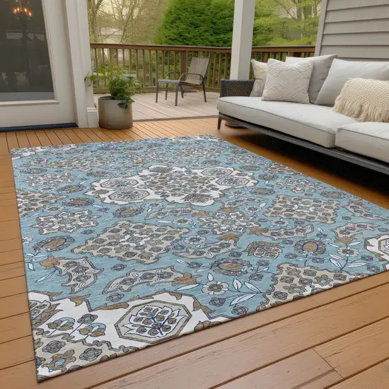 Sky Blue Taupe And Ivory Medallion Washable Indoor Outdoor Area Rug Photo 8