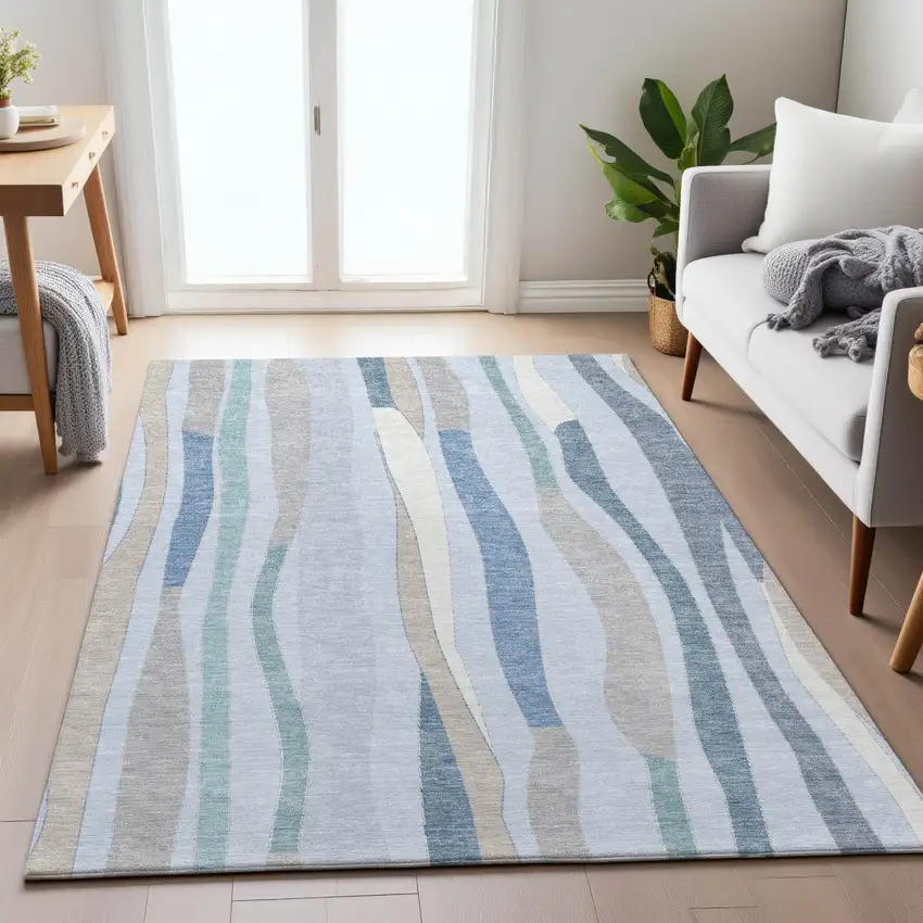 Sky Blue Taupe And Ivory Striped Washable Indoor Outdoor Area Rug Photo 8