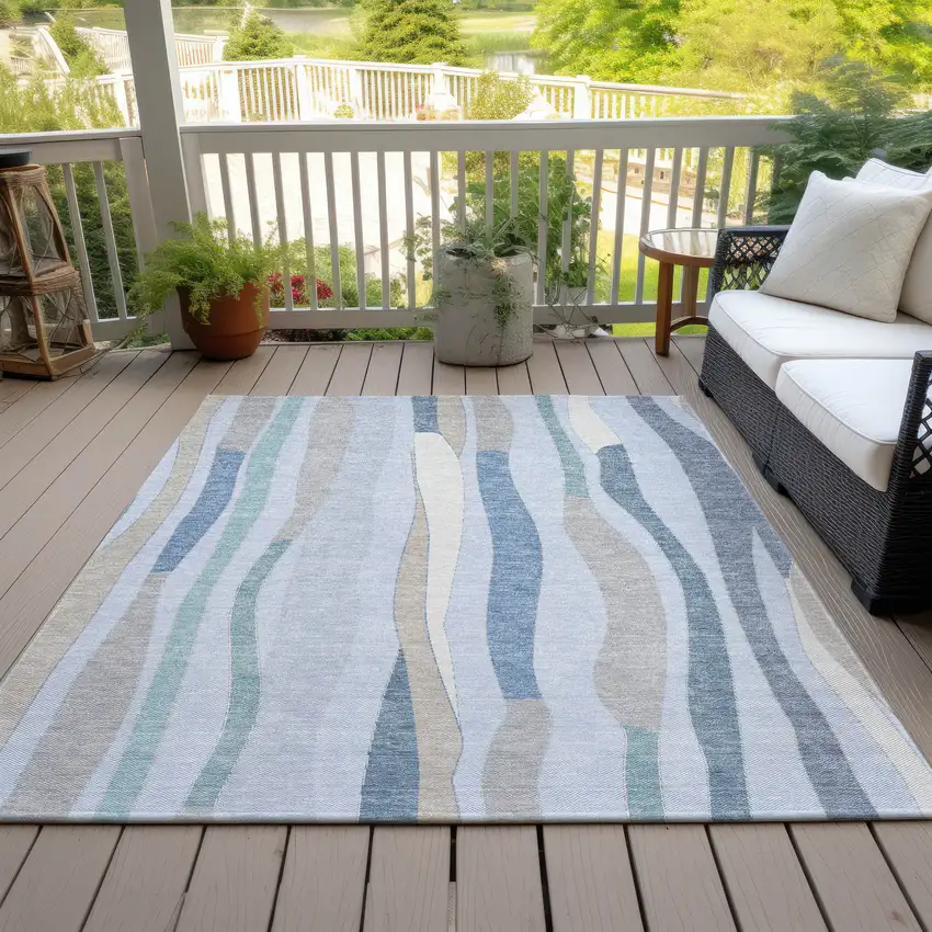 Sky Blue Taupe And Ivory Striped Washable Indoor Outdoor Area Rug Photo 7