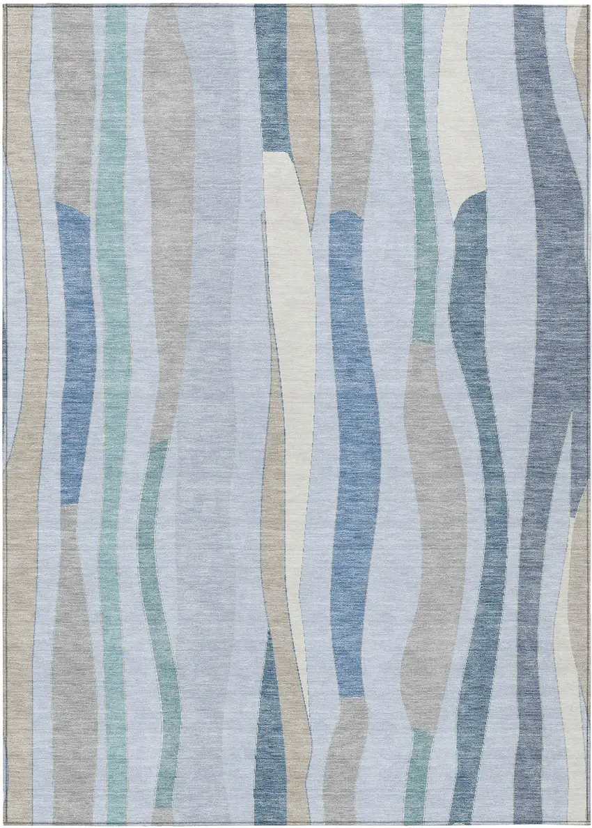 Sky Blue Taupe And Ivory Striped Washable Indoor Outdoor Area Rug Photo 1