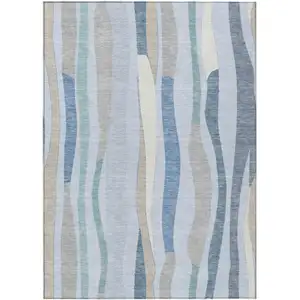 Photo of Sky Blue Taupe And Ivory Striped Washable Indoor Outdoor Area Rug