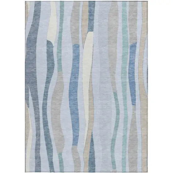Sky Blue Taupe And Ivory Striped Washable Indoor Outdoor Area Rug Photo 3