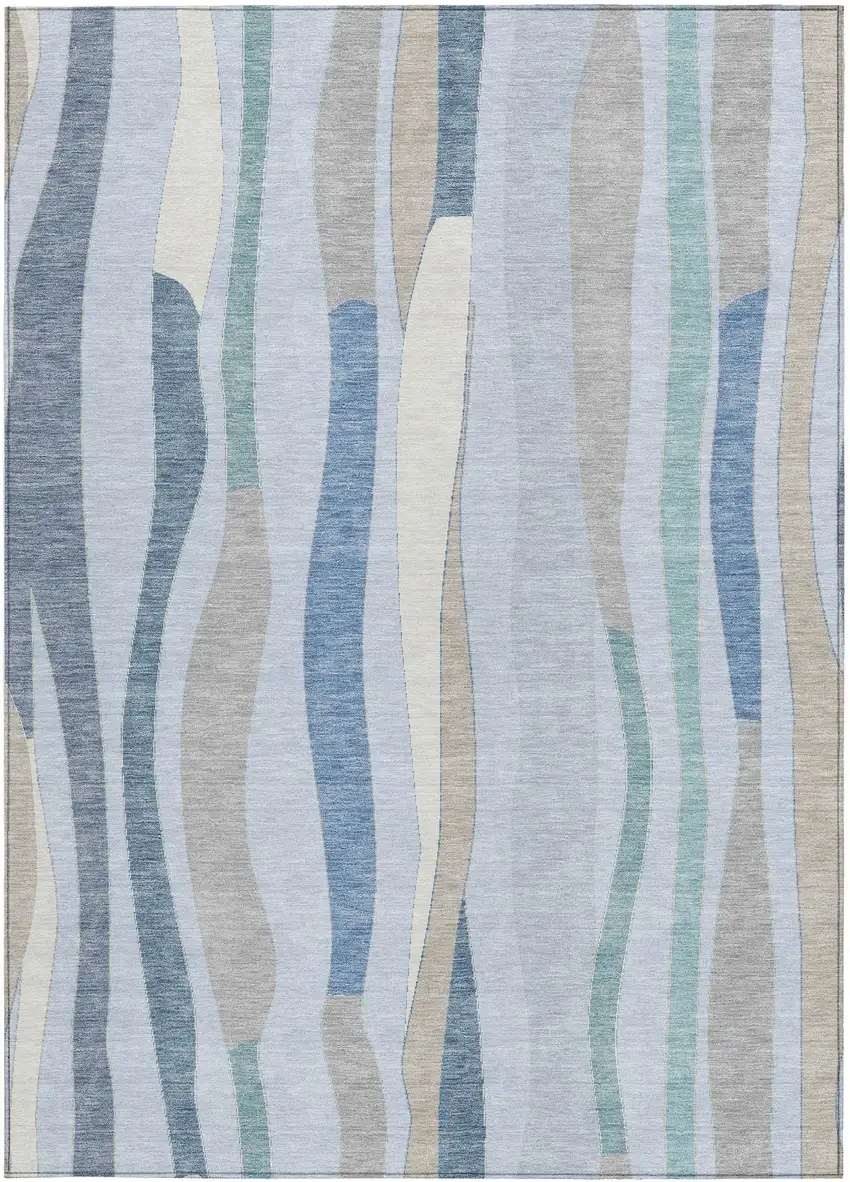 Sky Blue Taupe And Ivory Striped Washable Indoor Outdoor Area Rug Photo 3