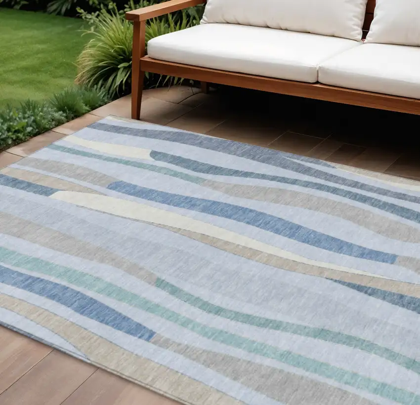 Sky Blue Taupe And Ivory Striped Washable Indoor Outdoor Area Rug Photo 2