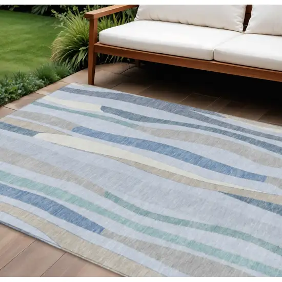 Sky Blue Taupe And Ivory Striped Washable Indoor Outdoor Area Rug Photo 2