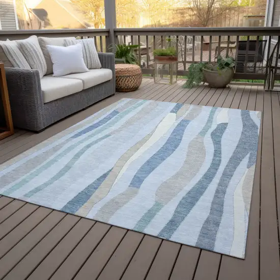 Sky Blue Taupe And Ivory Striped Washable Indoor Outdoor Area Rug Photo 9