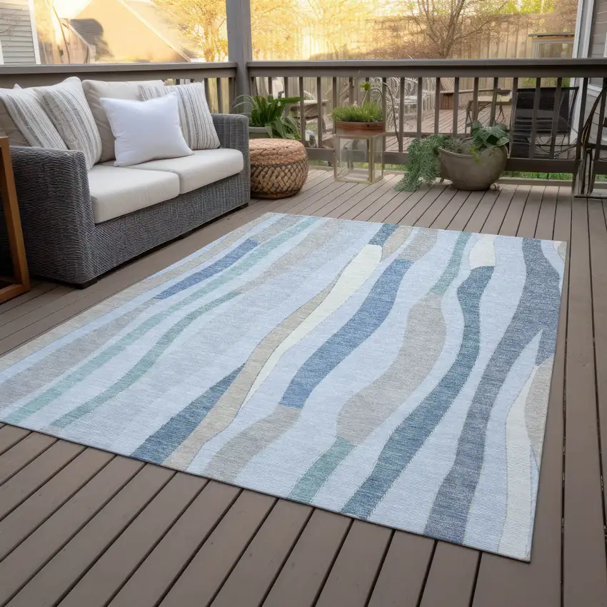 Sky Blue Taupe And Ivory Striped Washable Indoor Outdoor Area Rug Photo 9