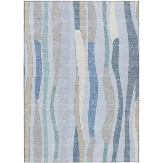 Sky Blue Taupe And Ivory Striped Washable Indoor Outdoor Area Rug Photo 1