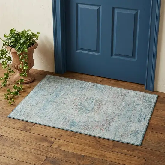 Sky Blue Teal And Blush Floral Medallion Washable Area Rug With UV Protection Photo 1