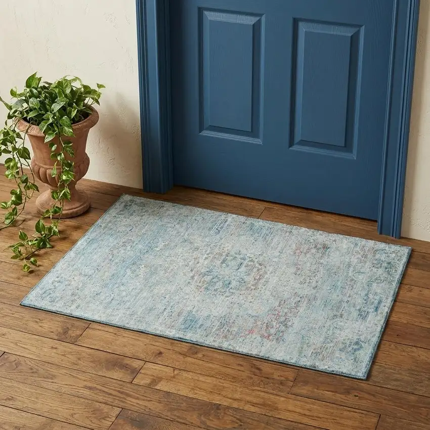 Sky Blue Teal And Blush Floral Medallion Washable Area Rug With UV Protection Photo 1