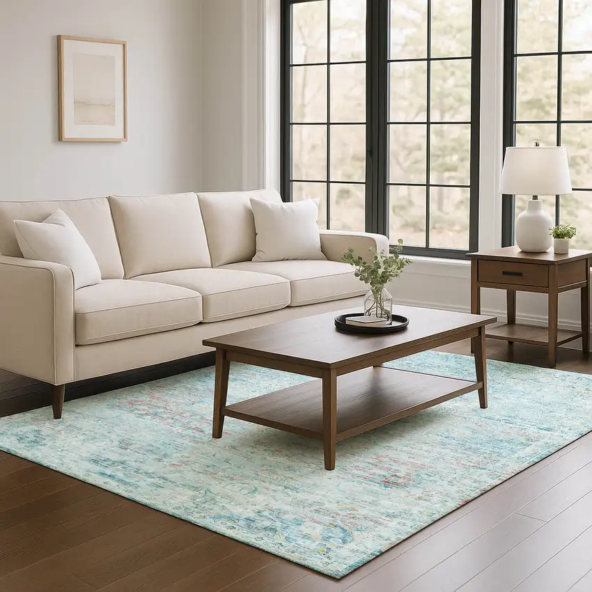 Sky Blue Teal And Blush Floral Medallion Washable Area Rug With UV Protection Photo 4