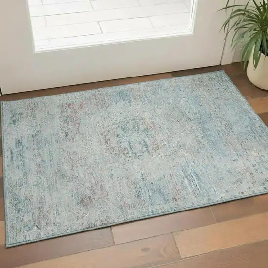 Sky Blue Teal And Blush Floral Medallion Washable Area Rug With UV Protection Photo 2