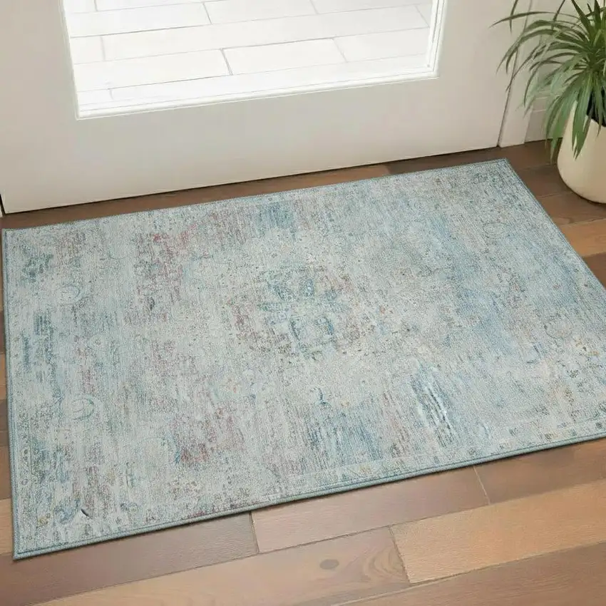 Sky Blue Teal And Blush Floral Medallion Washable Area Rug With UV Protection Photo 2