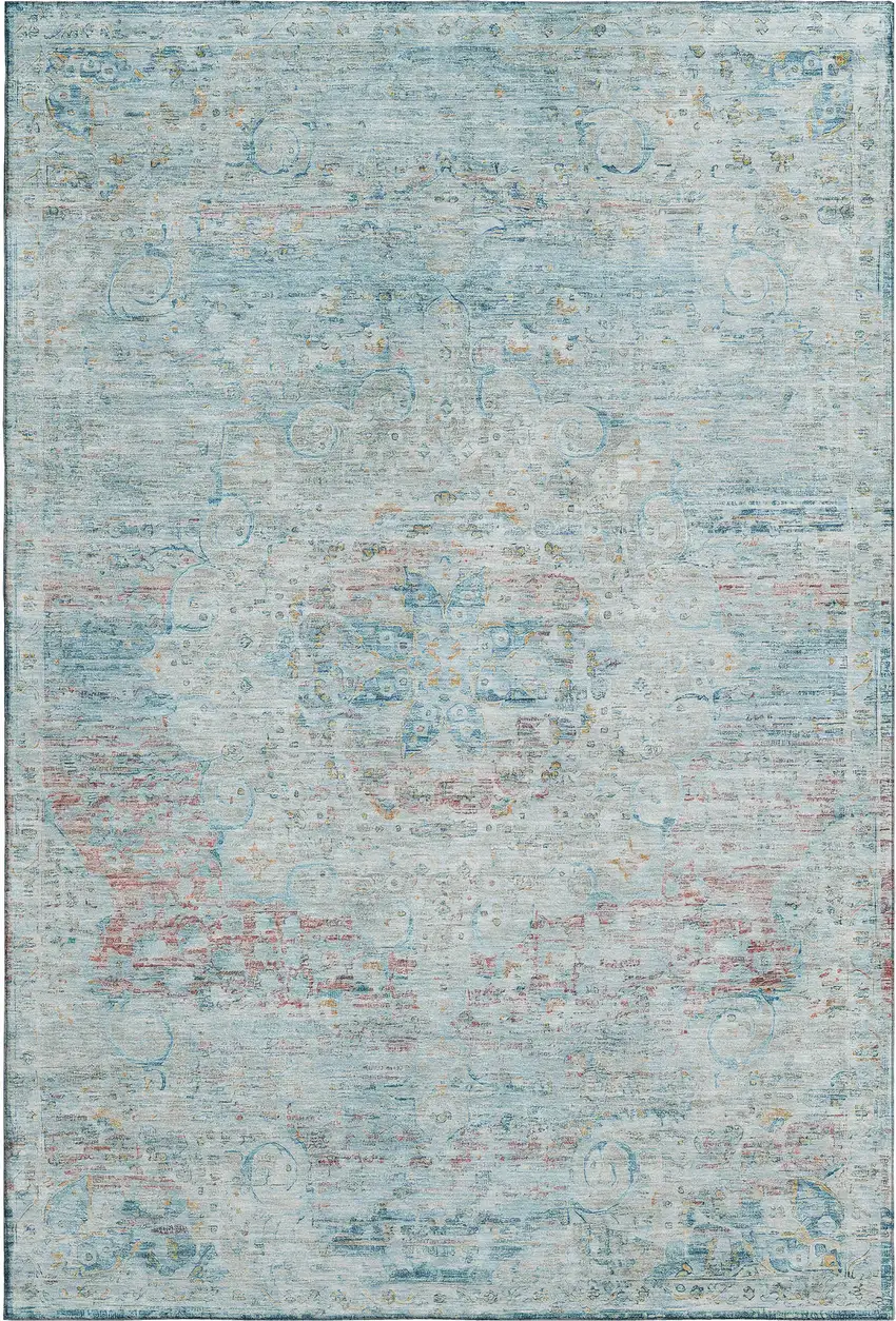 Sky Blue Teal And Blush Floral Medallion Washable Area Rug With UV Protection Photo 1