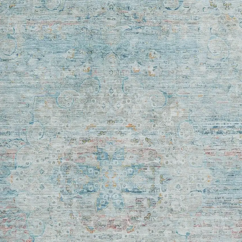 Sky Blue Teal And Blush Floral Medallion Washable Area Rug With UV Protection Photo 2