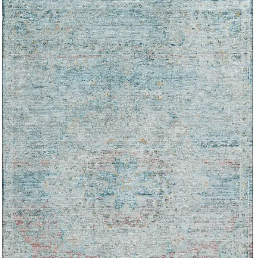 Sky Blue Teal And Blush Floral Medallion Washable Area Rug With UV Protection Photo 3