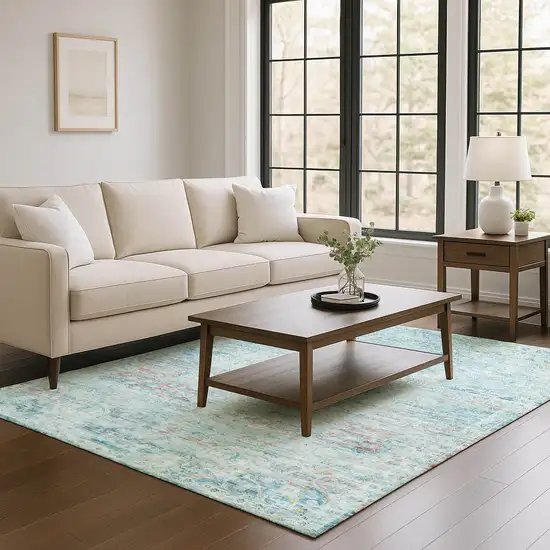 Sky Blue Teal And Blush Floral Medallion Washable Area Rug With UV Protection Photo 4