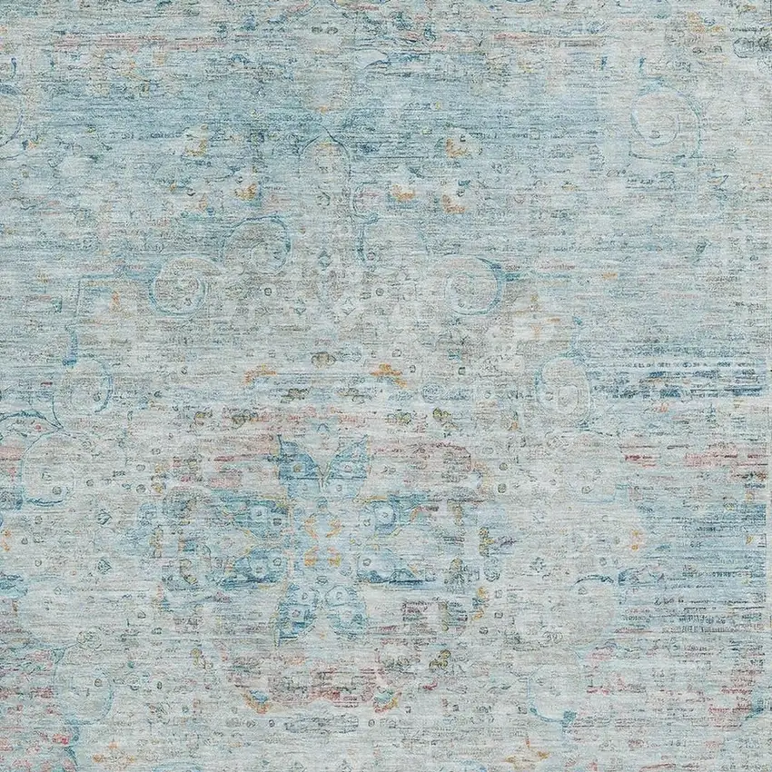 Sky Blue Teal And Blush Floral Medallion Washable Area Rug With UV Protection Photo 2