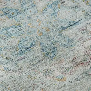 Photo of Sky Blue Teal And Blush Floral Medallion Washable Area Rug With UV Protection