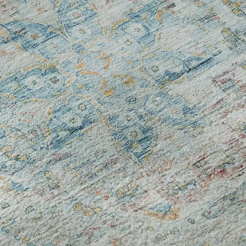 Sky Blue Teal And Blush Floral Medallion Washable Area Rug With UV Protection Photo 9