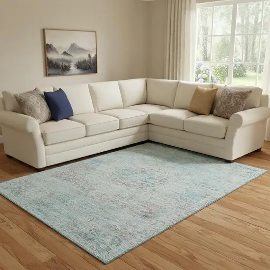 Sky Blue Teal And Blush Floral Medallion Washable Area Rug With UV Protection Photo 2