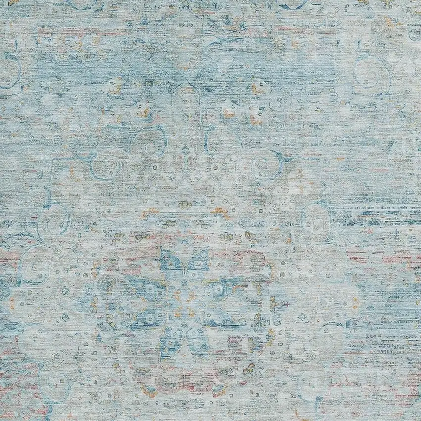 Sky Blue Teal And Blush Floral Medallion Washable Area Rug With UV Protection Photo 2