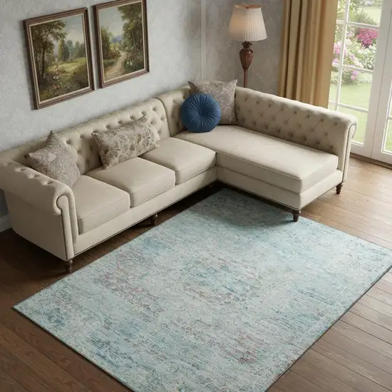 Sky Blue Teal And Blush Floral Medallion Washable Area Rug With UV Protection Photo 2