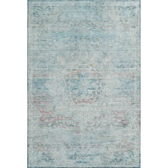 Sky Blue Teal And Blush Floral Medallion Washable Area Rug With UV Protection Photo 1