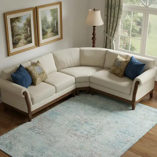 Sky Blue Teal And Blush Floral Medallion Washable Area Rug With UV Protection Photo 2