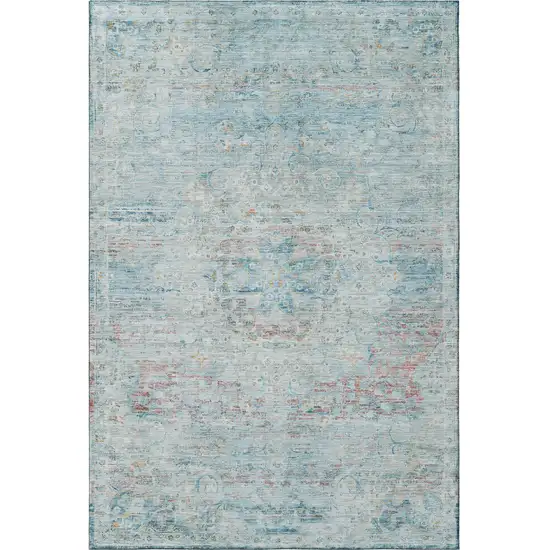 Sky Blue Teal And Blush Floral Medallion Washable Area Rug With UV Protection Photo 3
