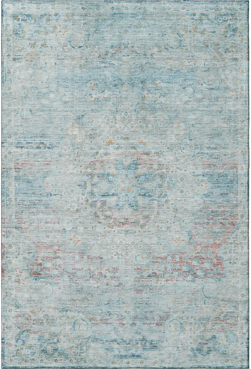 Sky Blue Teal And Blush Floral Medallion Washable Area Rug With UV Protection Photo 3
