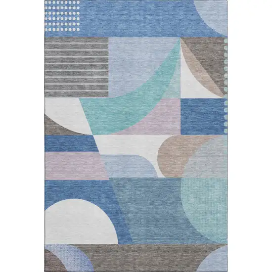 Sky Blue Teal And Ivory Geometric Washable Area Rug With UV Protection Photo 1