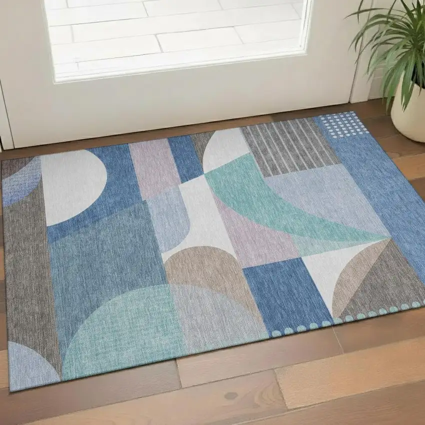 Sky Blue Teal And Ivory Geometric Washable Area Rug With UV Protection Photo 2