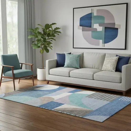 Sky Blue Teal And Ivory Geometric Washable Area Rug With UV Protection Photo 2