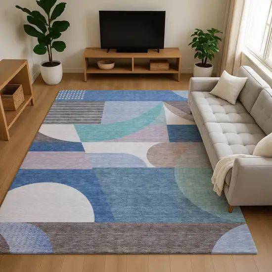 Sky Blue Teal And Ivory Geometric Washable Area Rug With UV Protection Photo 4